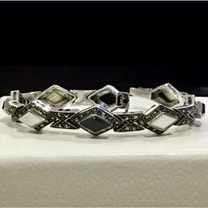 Art Deco Black Onyx Mother of Pearl Sterling Silver Marcasite Bracelet